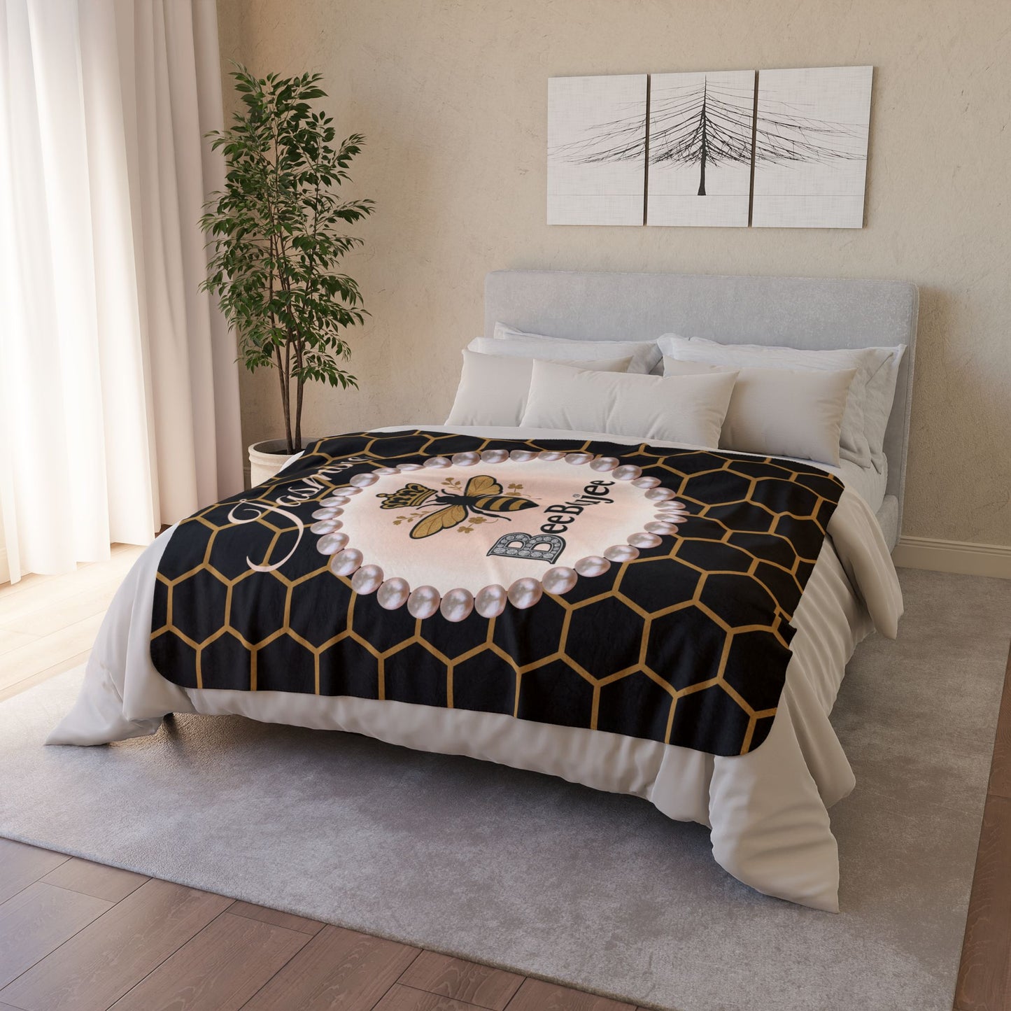 Personalized Luxurious Bee Boujee Pearl-Print Sherpa Fleece Blanket - 2 Sizes and 3 Designs