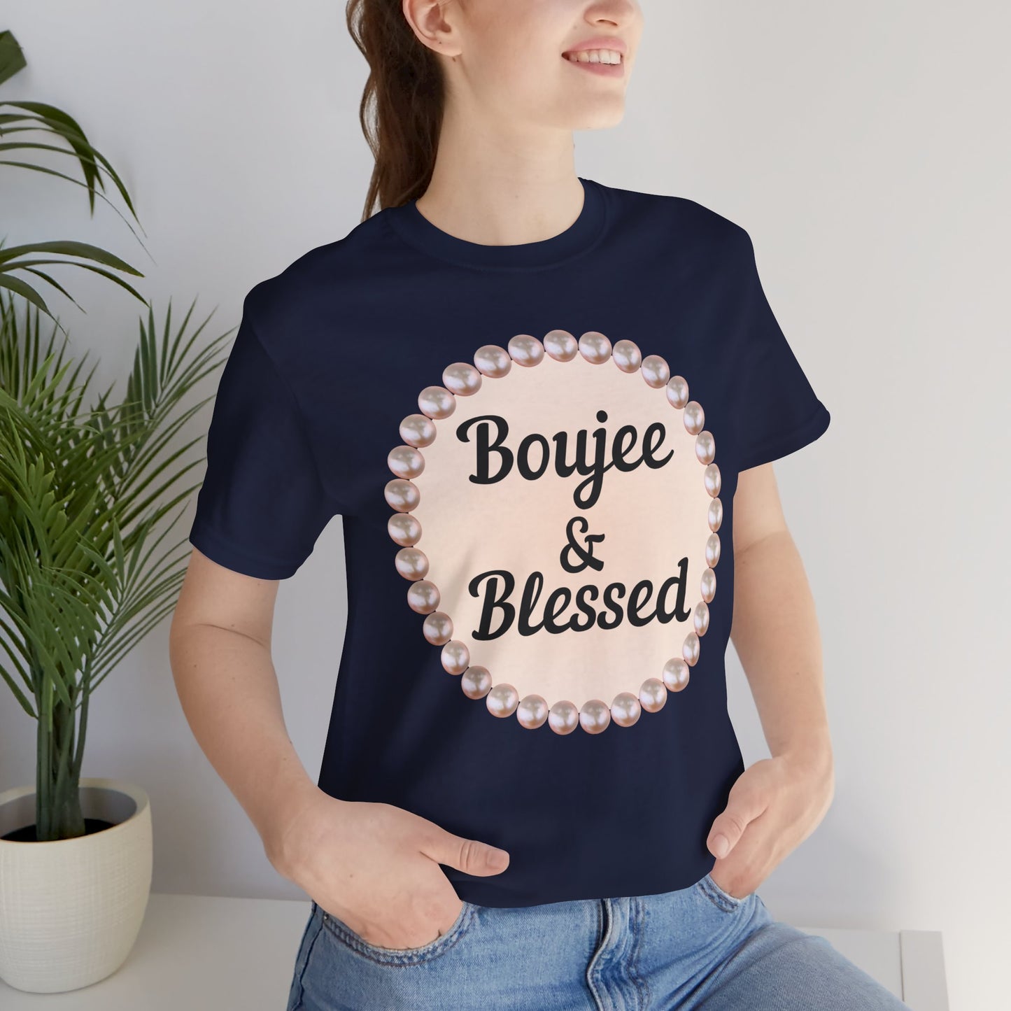 CUSTOMIZABLE Boujee & Blessed Pearl Emblem Jersey Tee
