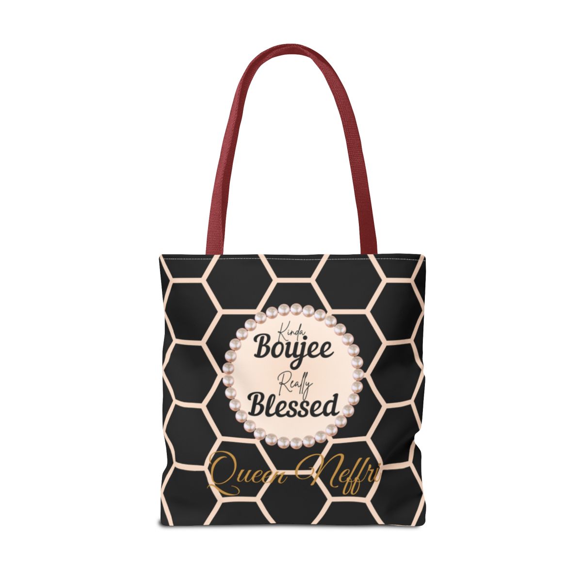 Personalized “Kinda Boujee, Really Blessed” Luxe Tote — Black, Peach Honeycomb & Golden Honeycomb