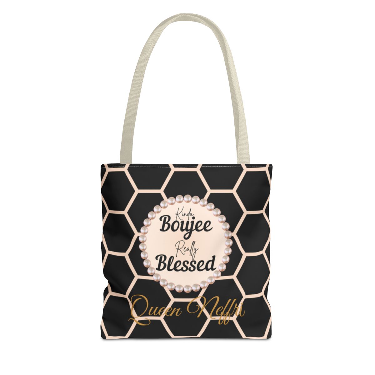 Personalized “Kinda Boujee, Really Blessed” Luxe Tote — Black, Peach Honeycomb & Golden Honeycomb