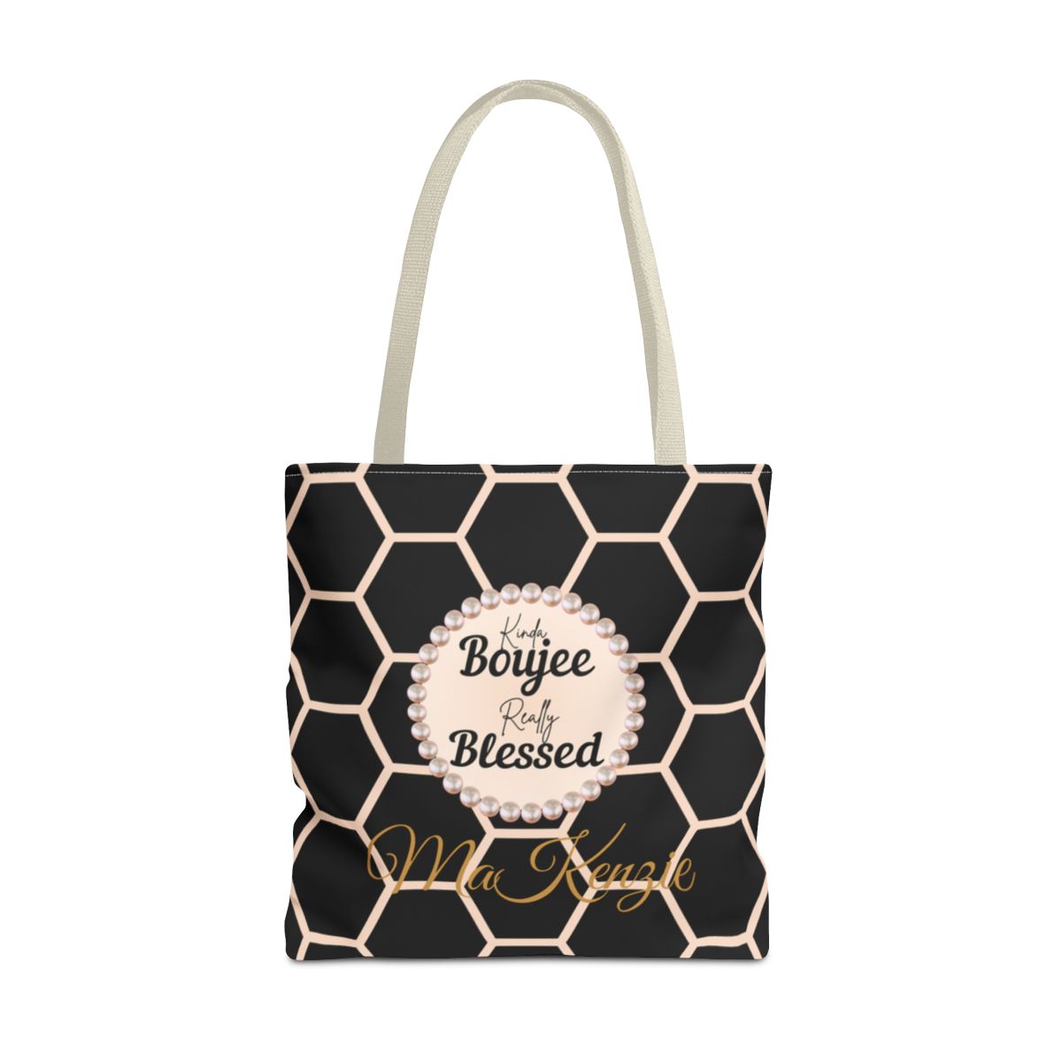 Personalized “Kinda Boujee, Really Blessed” Luxe Tote — Black, Peach Honeycomb & Golden Honeycomb