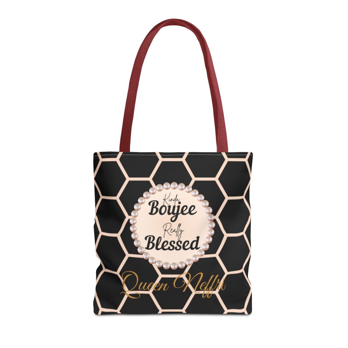 Personalized “Kinda Boujee, Really Blessed” Luxe Tote — Black, Peach Honeycomb & Golden Honeycomb
