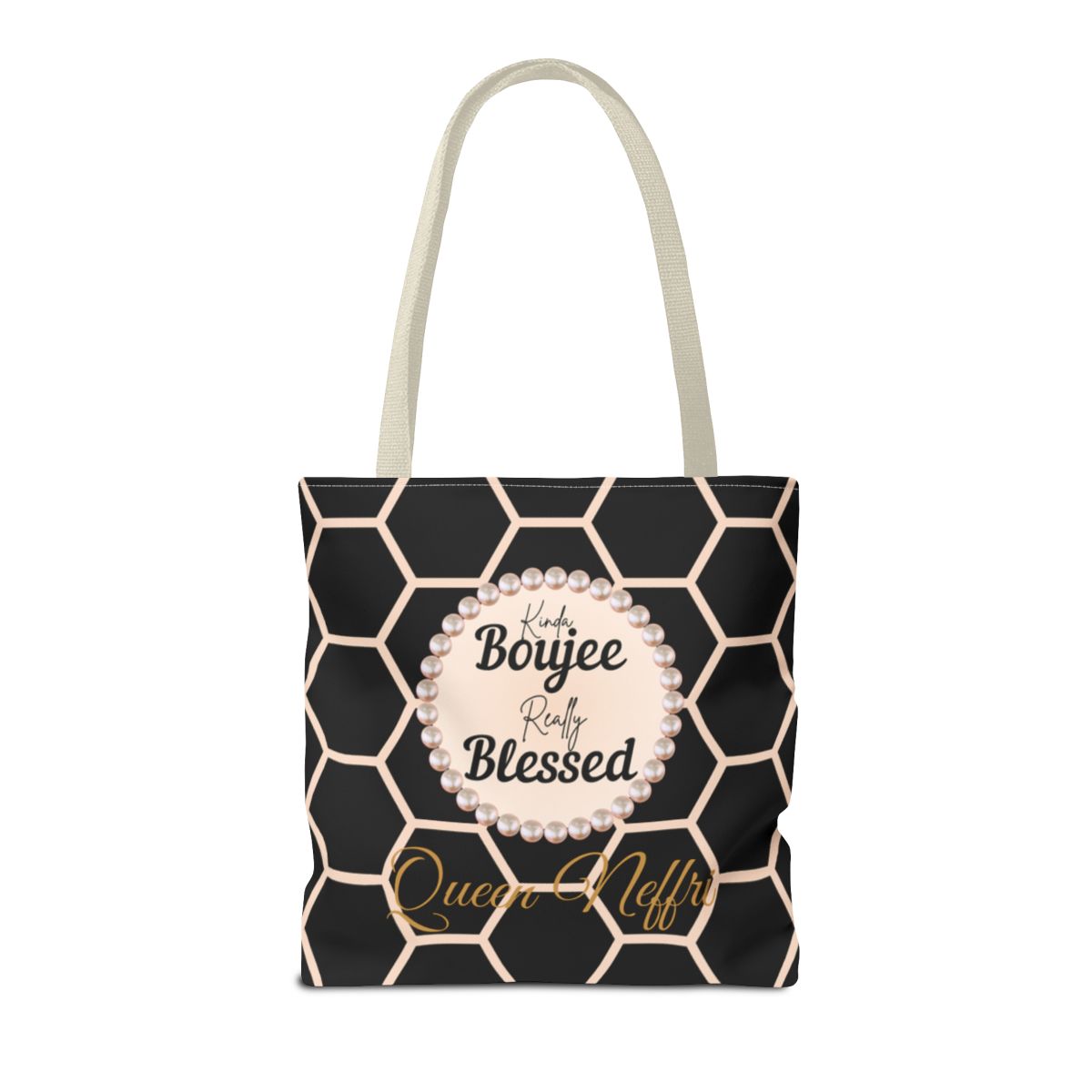 Personalized “Kinda Boujee, Really Blessed” Luxe Tote — Black, Peach Honeycomb & Golden Honeycomb