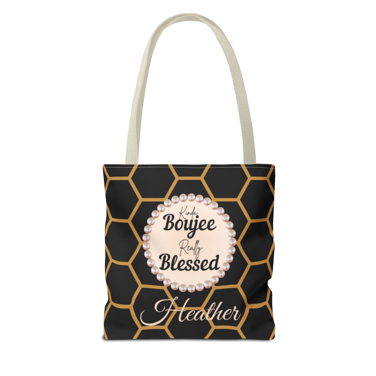 Personalized “Kinda Boujee, Really Blessed” Luxe Tote — Black, Peach Honeycomb & Golden Honeycomb