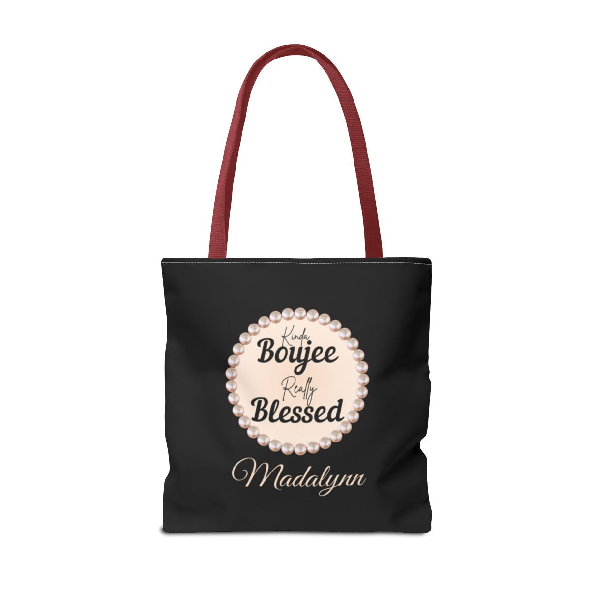 Personalized “Kinda Boujee, Really Blessed” Luxe Tote — Black, Peach Honeycomb & Golden Honeycomb