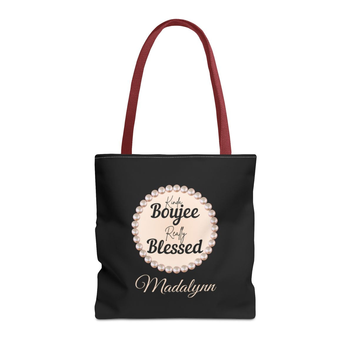 Personalized “Kinda Boujee, Really Blessed” Luxe Tote — Black, Peach Honeycomb & Golden Honeycomb