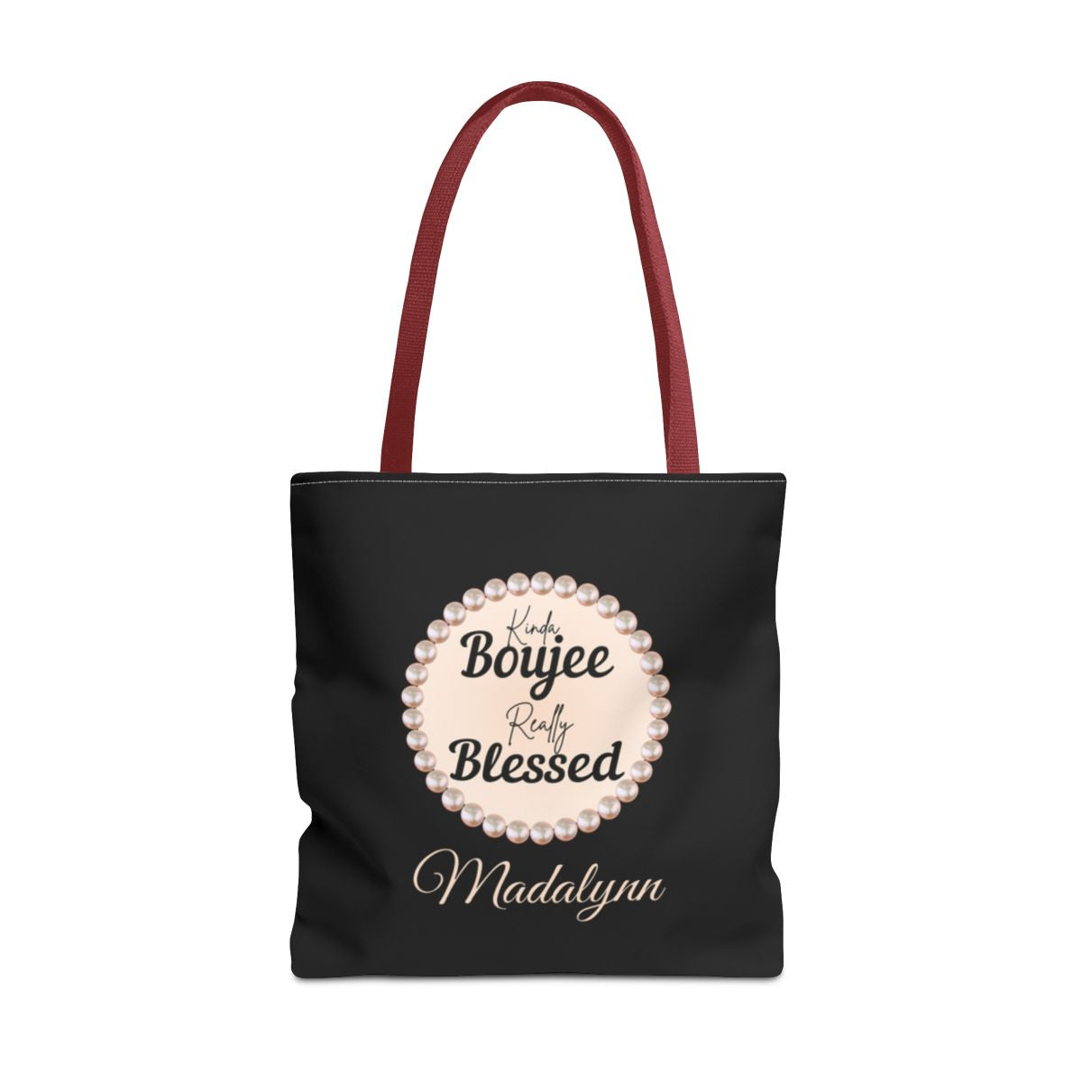Personalized “Kinda Boujee, Really Blessed” Luxe Tote — Black, Peach Honeycomb & Golden Honeycomb
