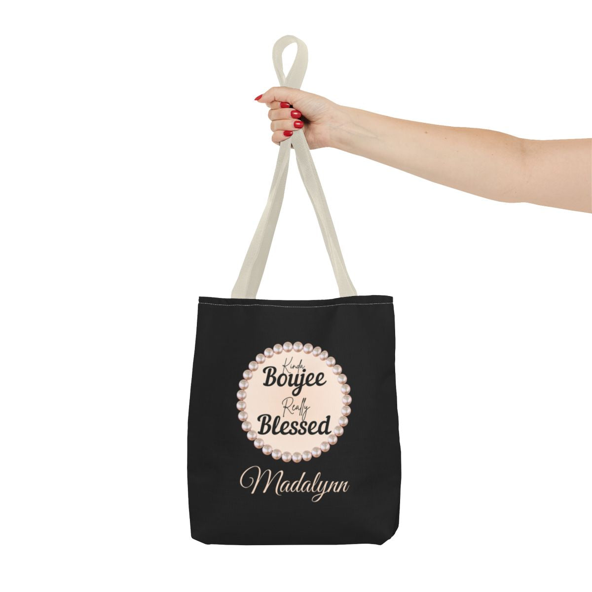 Personalized “Kinda Boujee, Really Blessed” Luxe Tote — Black, Peach Honeycomb & Golden Honeycomb
