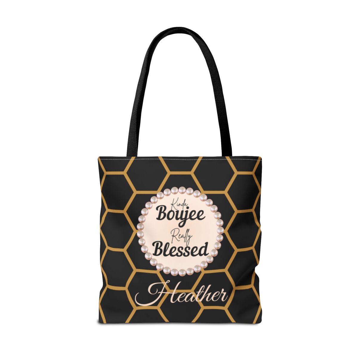 Personalized “Kinda Boujee, Really Blessed” Luxe Tote — Black, Peach Honeycomb & Golden Honeycomb
