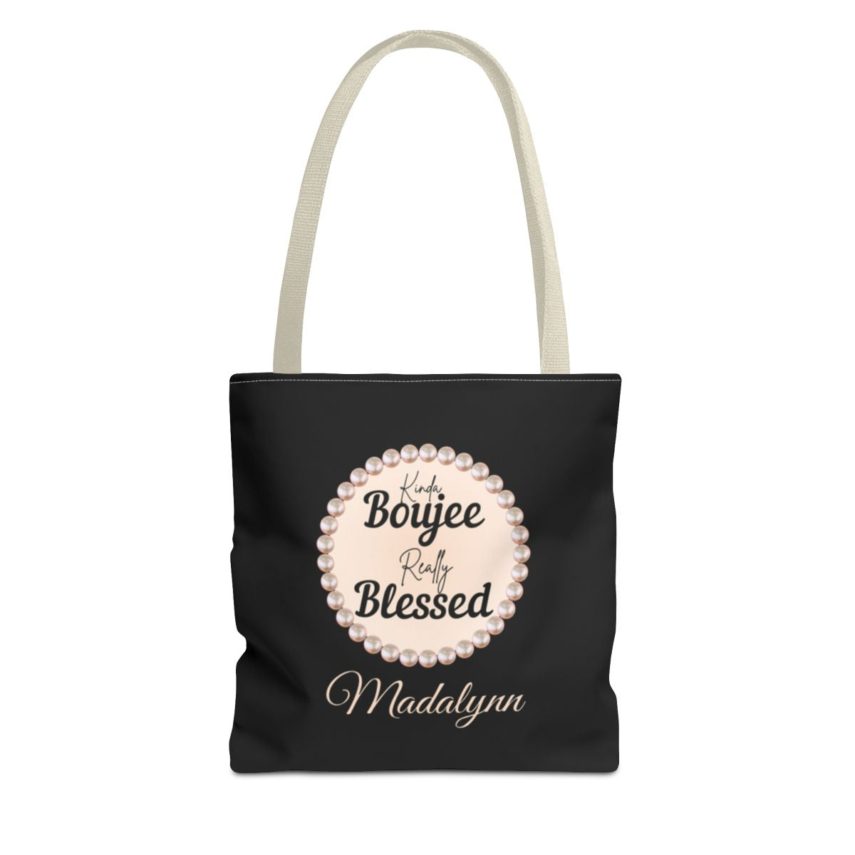 Personalized “Kinda Boujee, Really Blessed” Luxe Tote — Black, Peach Honeycomb & Golden Honeycomb