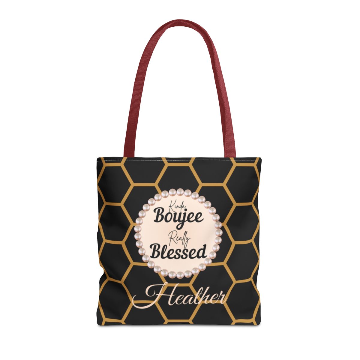 Personalized “Kinda Boujee, Really Blessed” Luxe Tote — Black, Peach Honeycomb & Golden Honeycomb