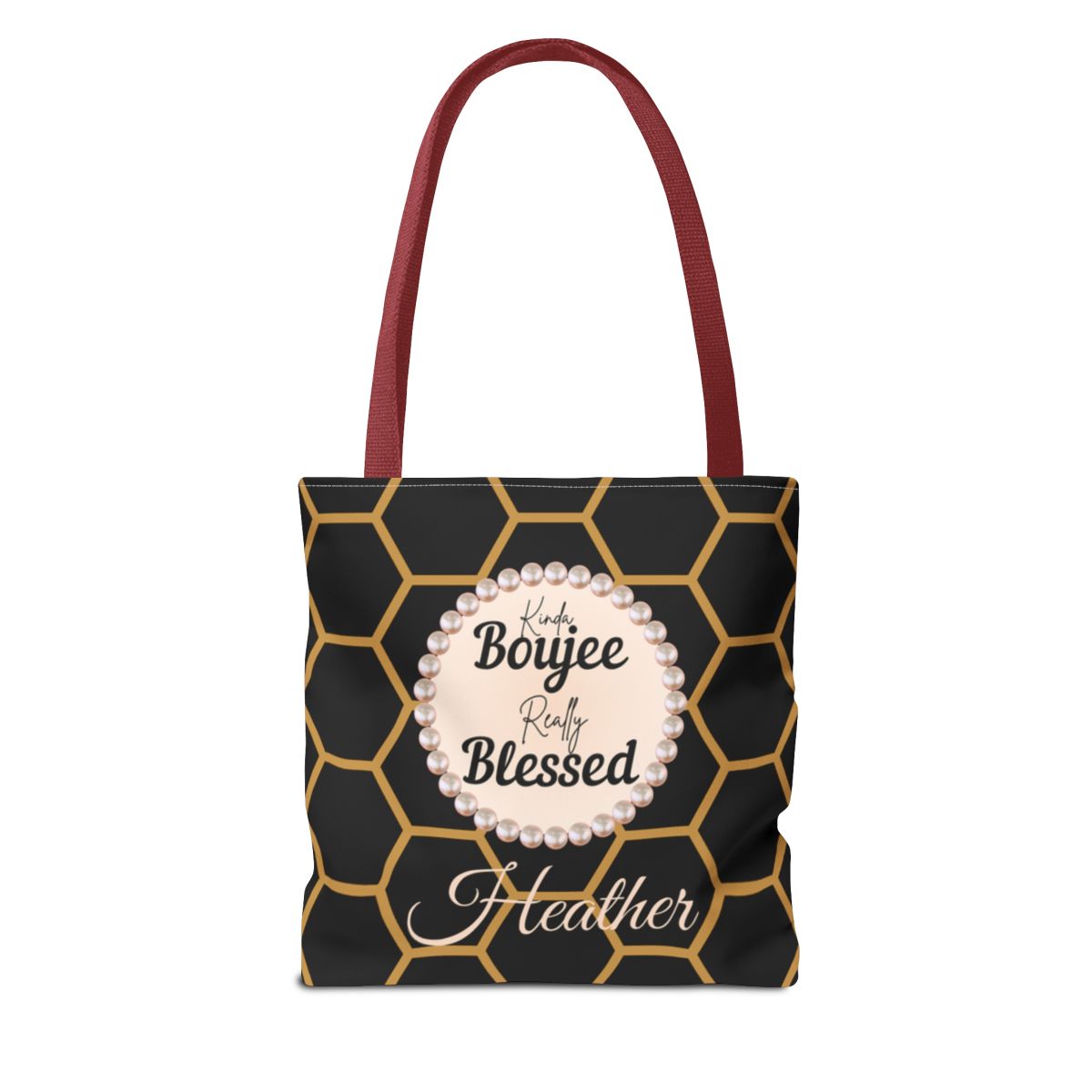 Personalized “Kinda Boujee, Really Blessed” Luxe Tote — Black, Peach Honeycomb & Golden Honeycomb