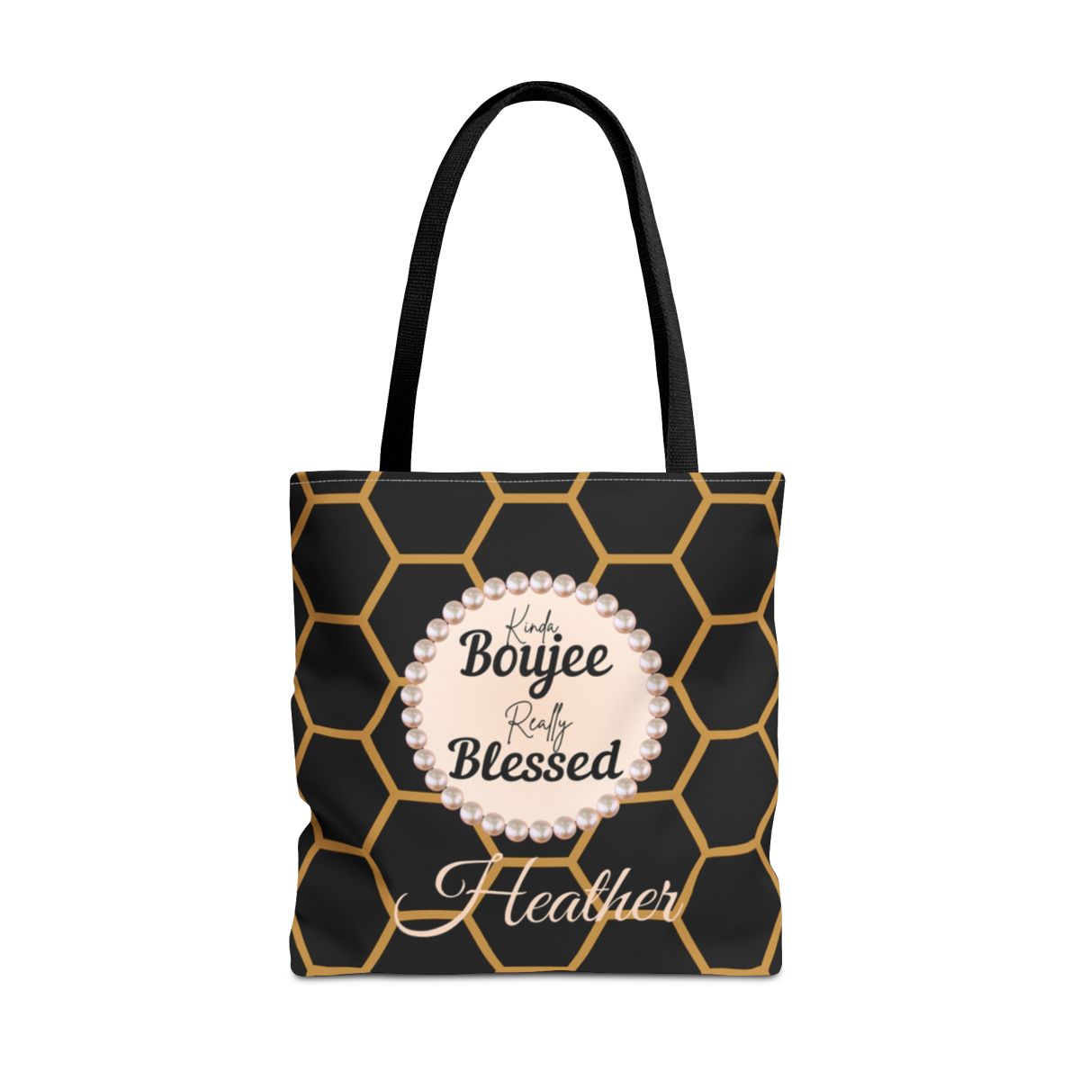 Personalized “Kinda Boujee, Really Blessed” Luxe Tote — Black, Peach Honeycomb & Golden Honeycomb