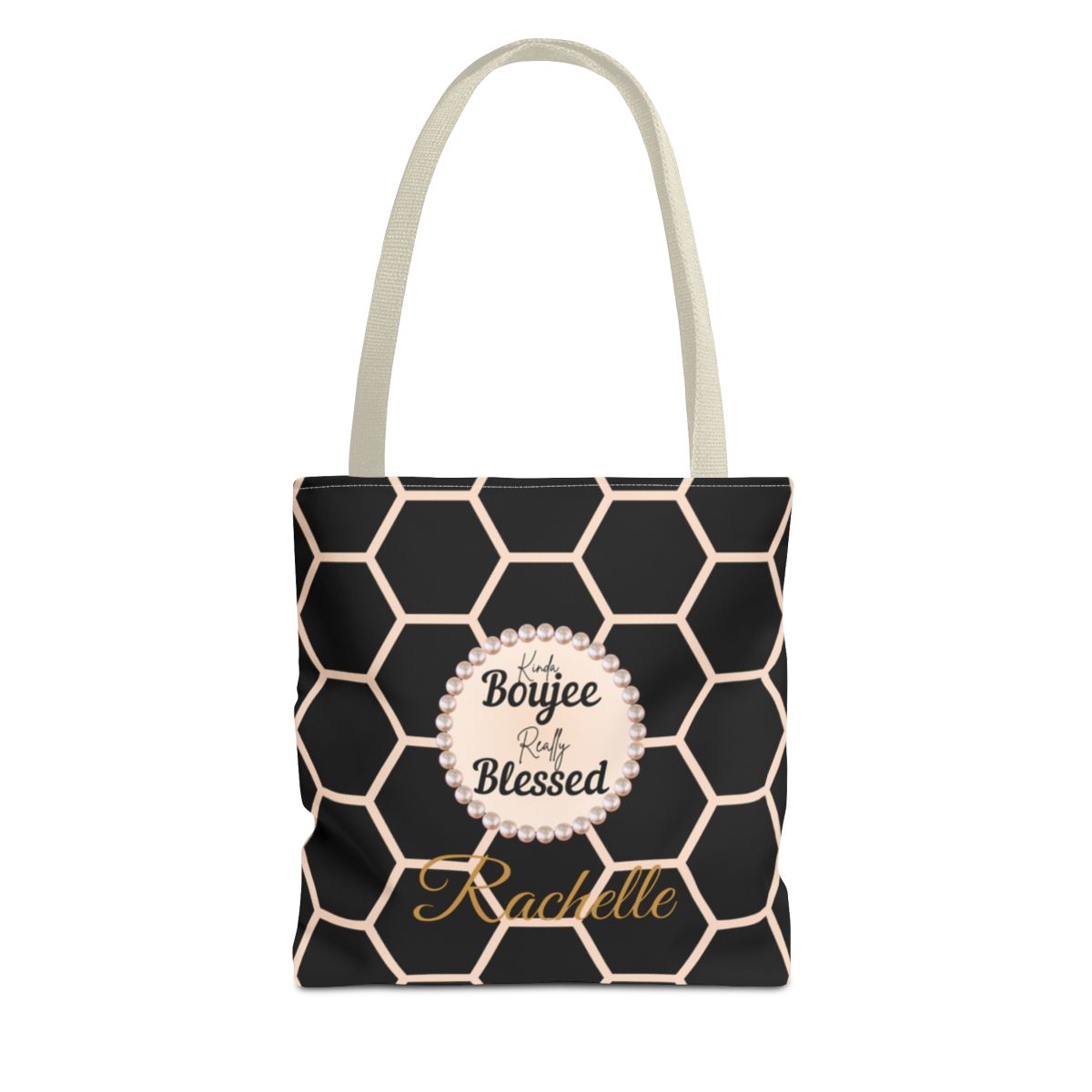 Personalized “Kinda Boujee, Really Blessed” Luxe Tote — Black, Peach Honeycomb & Golden Honeycomb