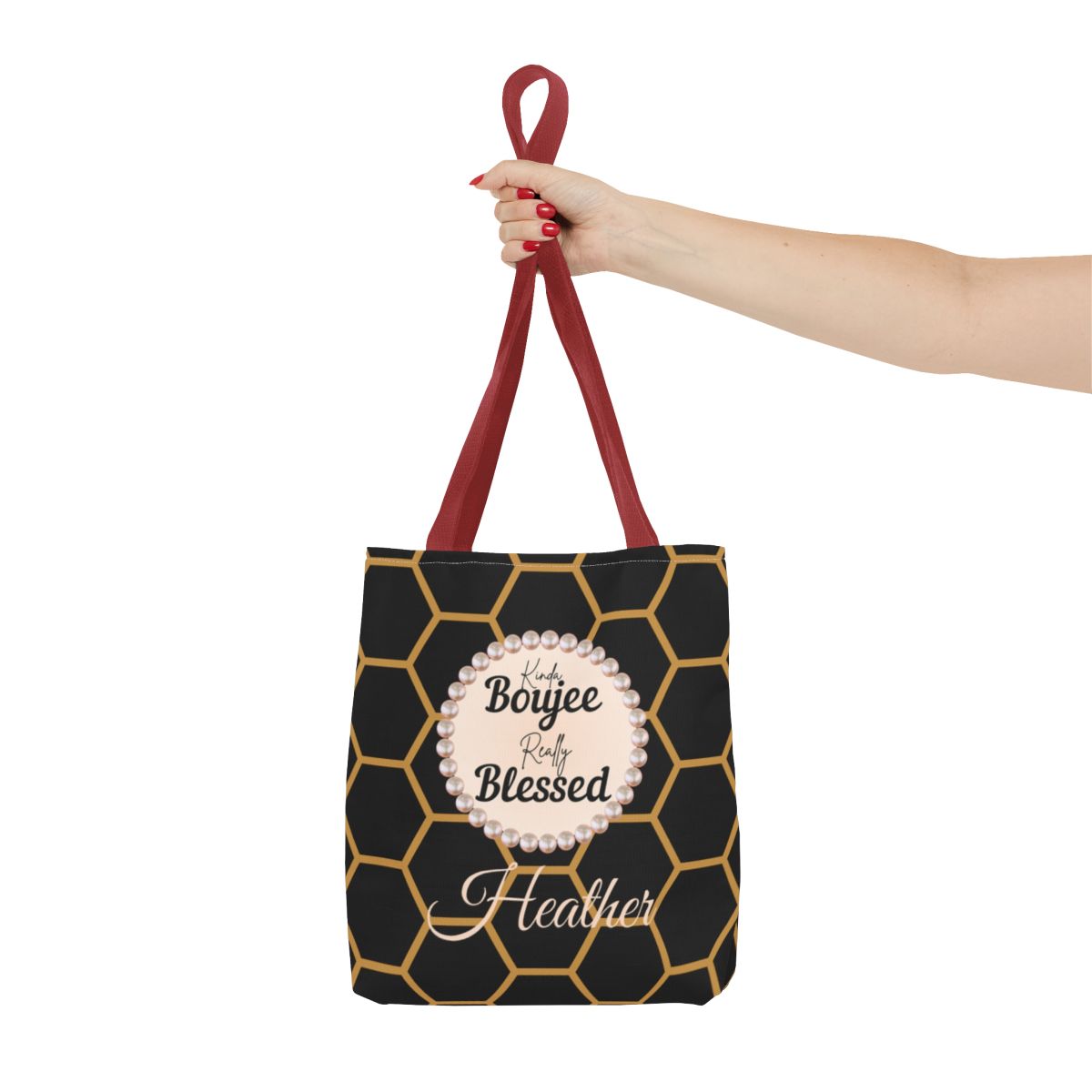Personalized “Kinda Boujee, Really Blessed” Luxe Tote — Black, Peach Honeycomb & Golden Honeycomb