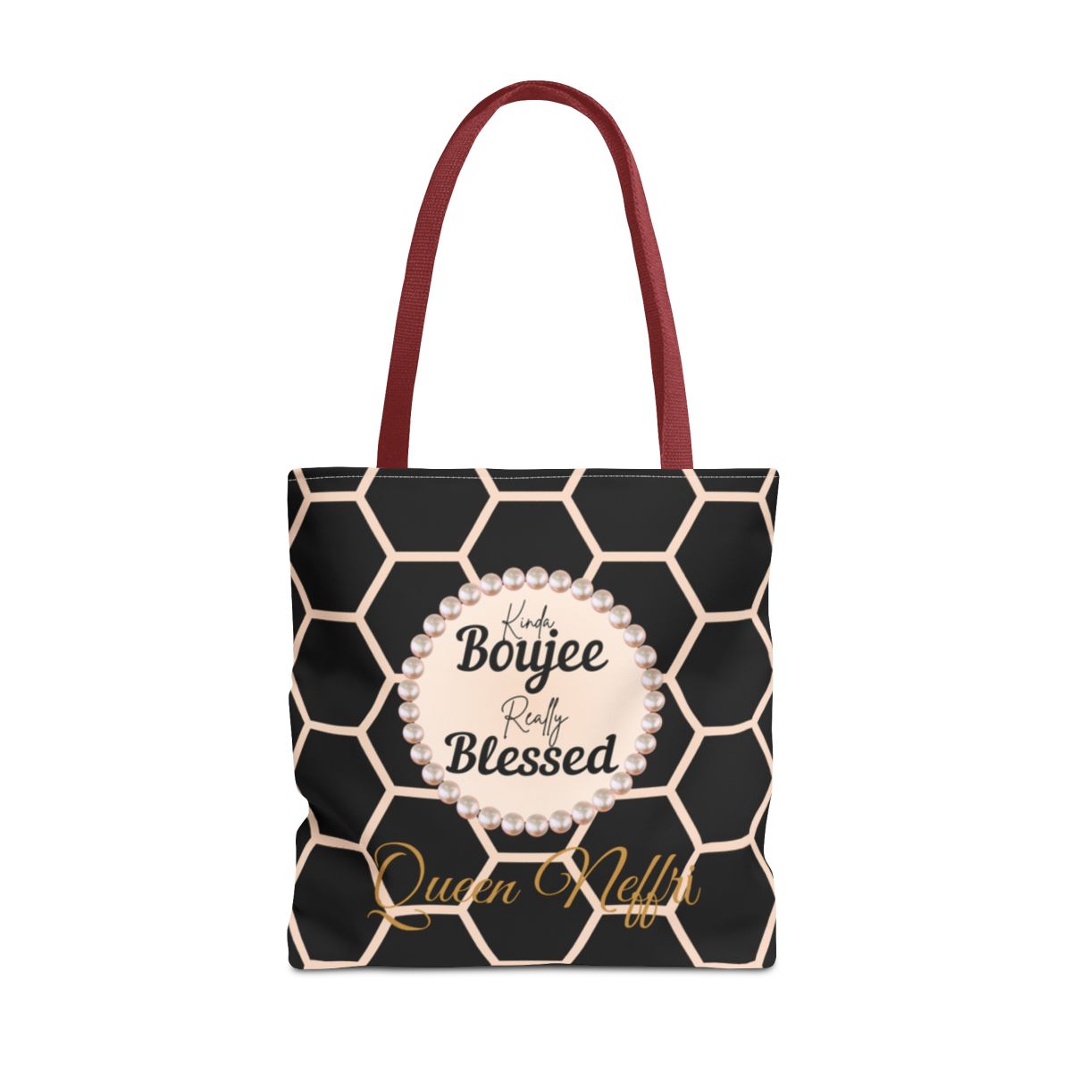 Personalized “Kinda Boujee, Really Blessed” Luxe Tote — Black, Peach Honeycomb & Golden Honeycomb