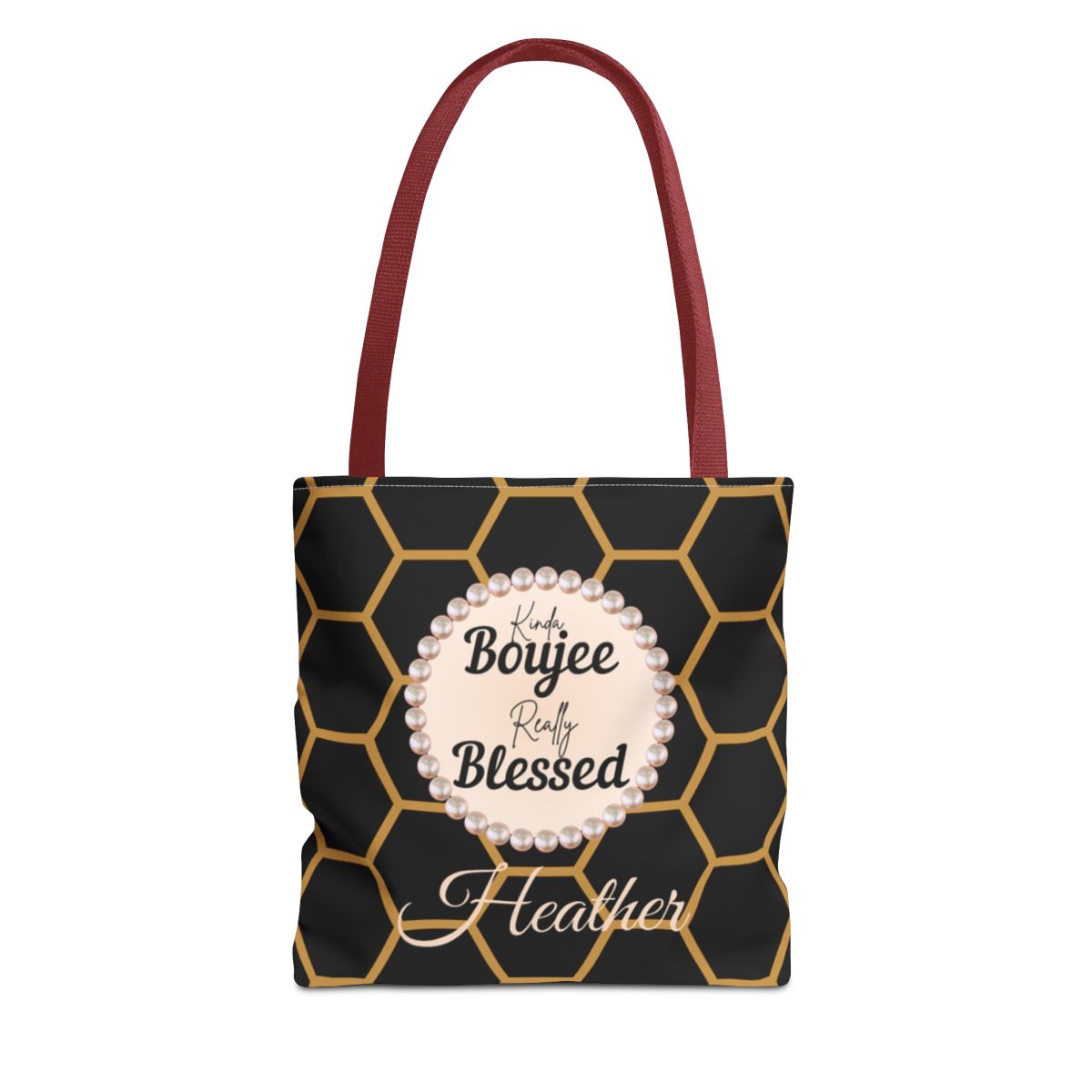 Personalized “Kinda Boujee, Really Blessed” Luxe Tote — Black, Peach Honeycomb & Golden Honeycomb