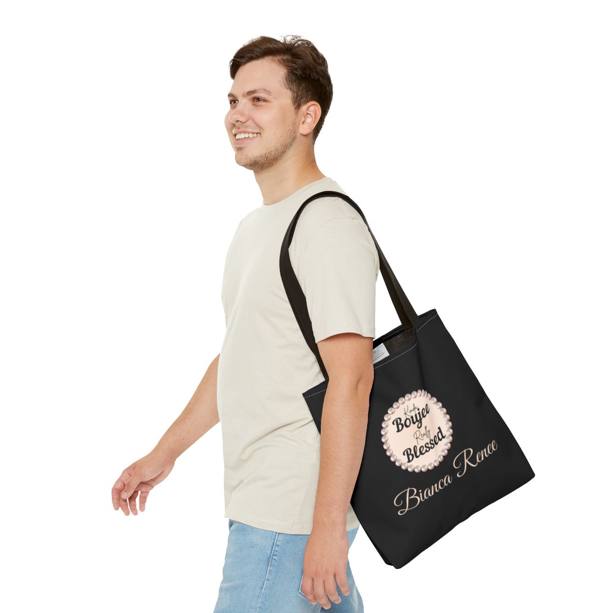 Personalized “Kinda Boujee, Really Blessed” Luxe Tote — Black, Peach Honeycomb & Golden Honeycomb