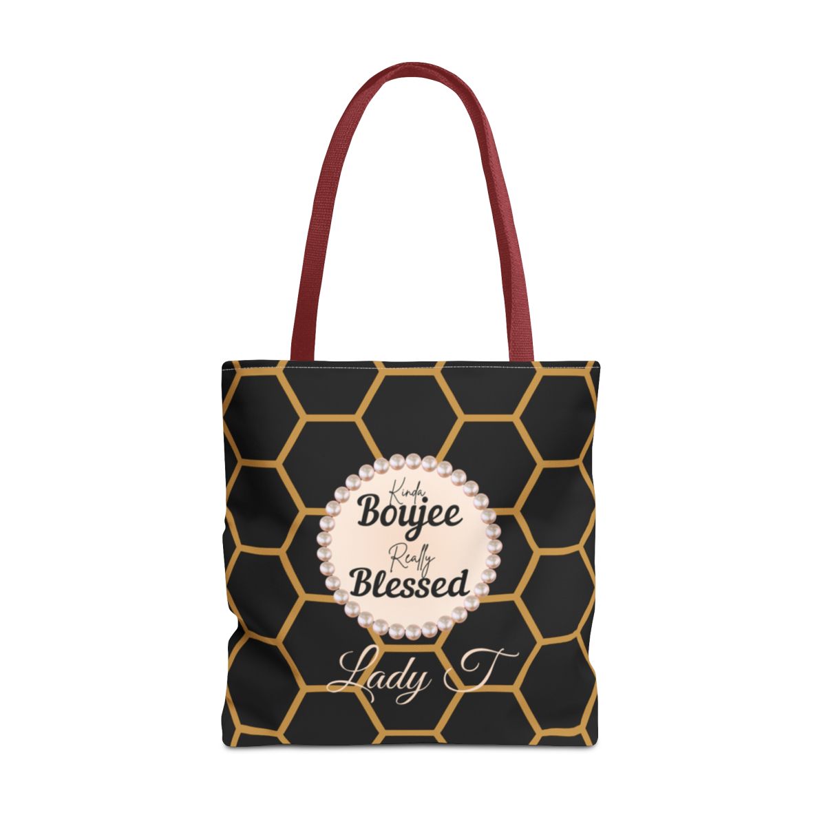 Personalized “Kinda Boujee, Really Blessed” Luxe Tote — Black, Peach Honeycomb & Golden Honeycomb