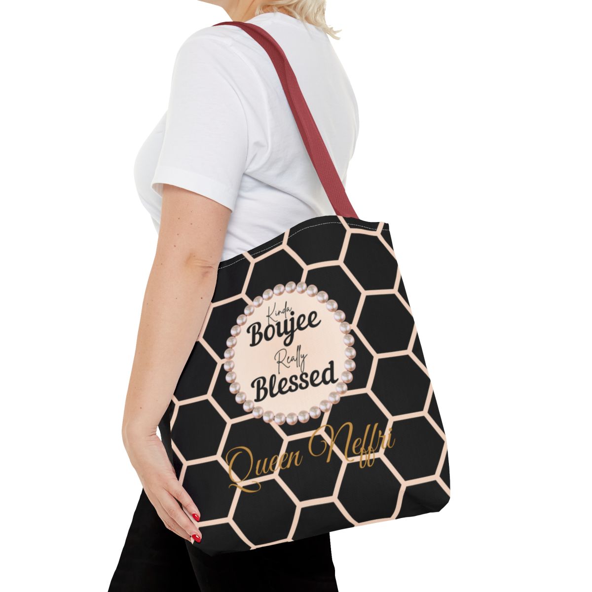 Personalized “Kinda Boujee, Really Blessed” Luxe Tote — Black, Peach Honeycomb & Golden Honeycomb