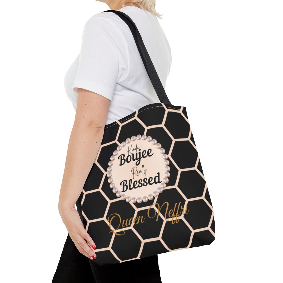 Personalized “Kinda Boujee, Really Blessed” Luxe Tote — Black, Peach Honeycomb & Golden Honeycomb