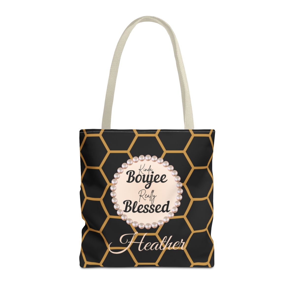 Personalized “Kinda Boujee, Really Blessed” Luxe Tote — Black, Peach Honeycomb & Golden Honeycomb