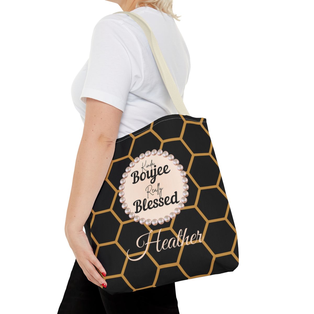 Personalized “Kinda Boujee, Really Blessed” Luxe Tote — Black, Peach Honeycomb & Golden Honeycomb
