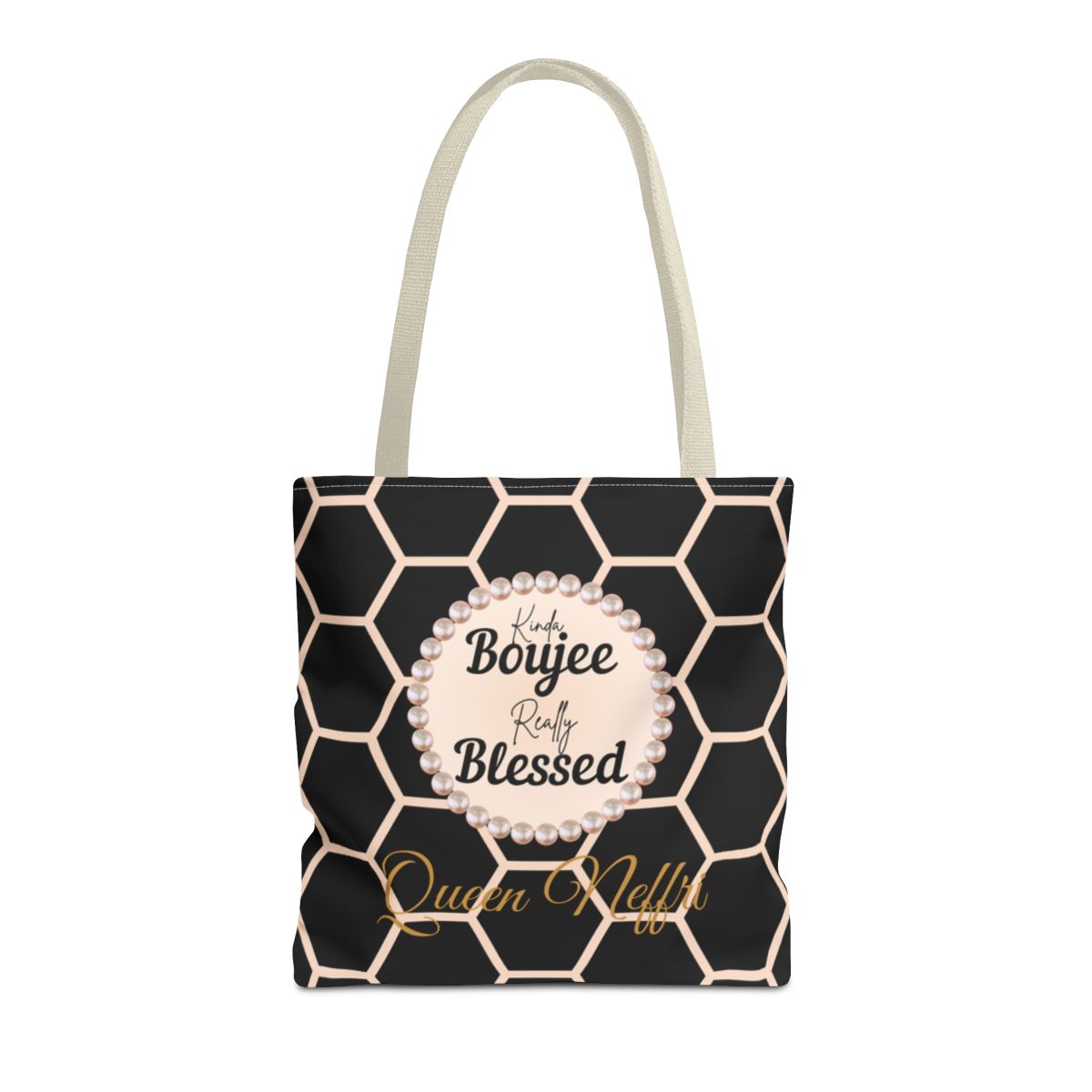 Personalized “Kinda Boujee, Really Blessed” Luxe Tote — Black, Peach Honeycomb & Golden Honeycomb