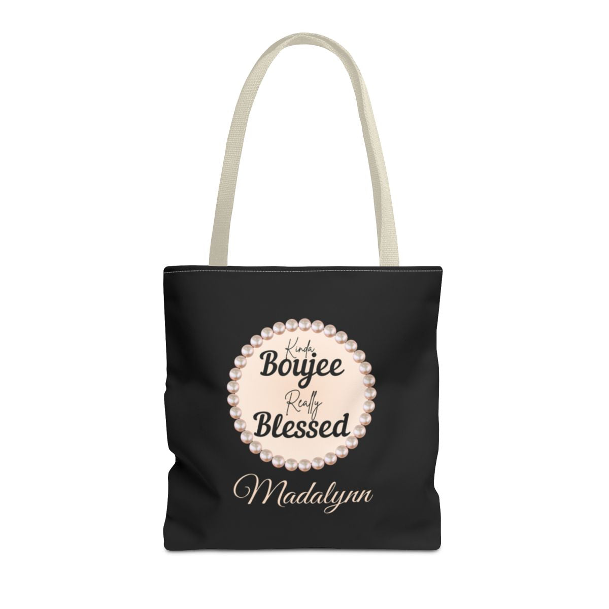 Personalized “Kinda Boujee, Really Blessed” Luxe Tote — Black, Peach Honeycomb & Golden Honeycomb