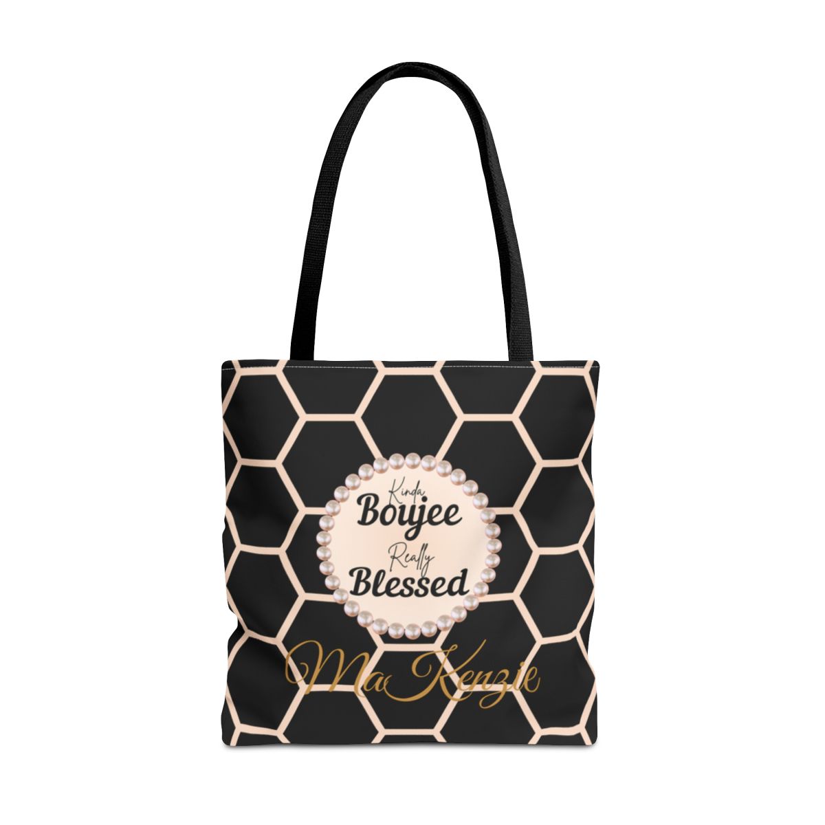 Personalized “Kinda Boujee, Really Blessed” Luxe Tote — Black, Peach Honeycomb & Golden Honeycomb