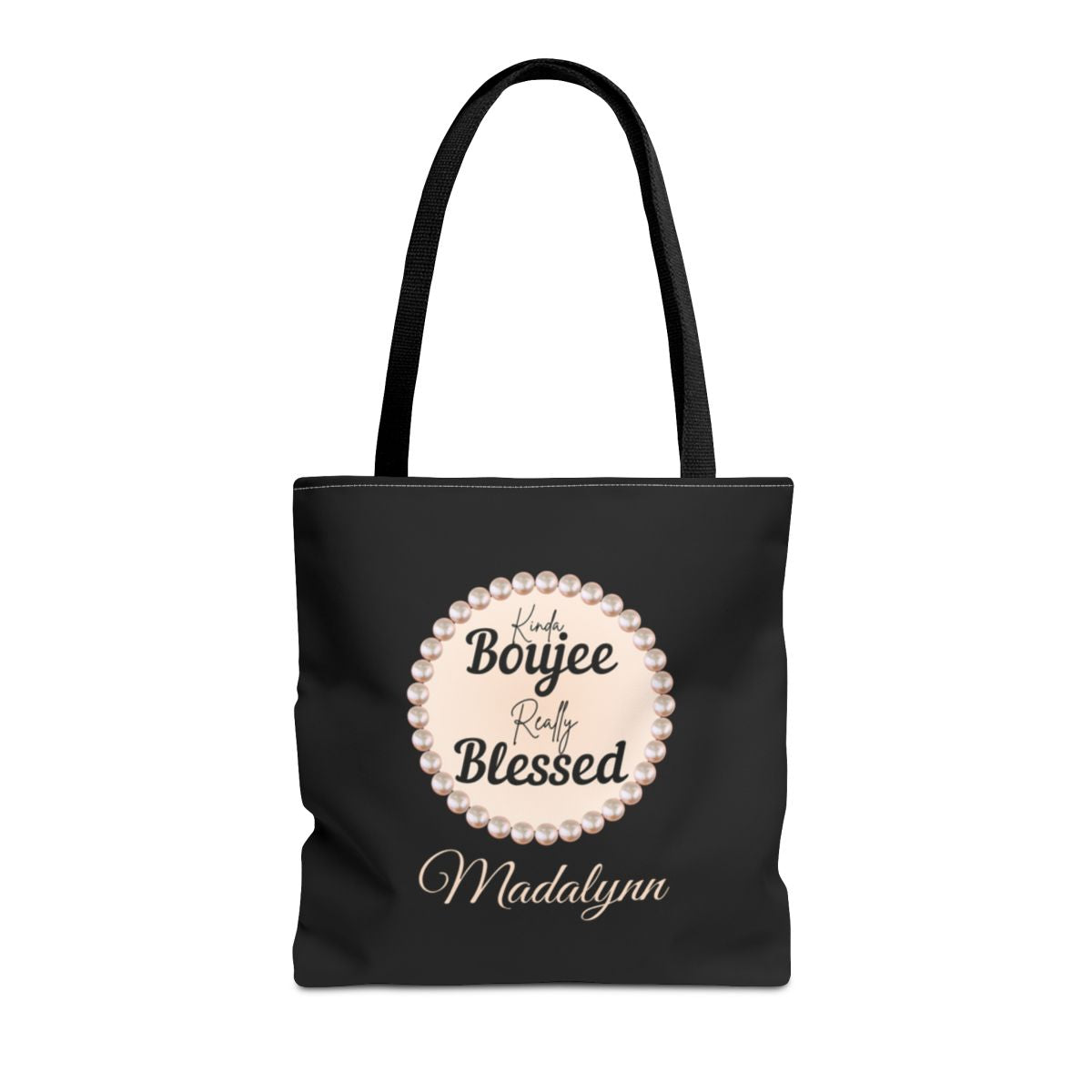 Personalized “Kinda Boujee, Really Blessed” Luxe Tote — Black, Peach Honeycomb & Golden Honeycomb