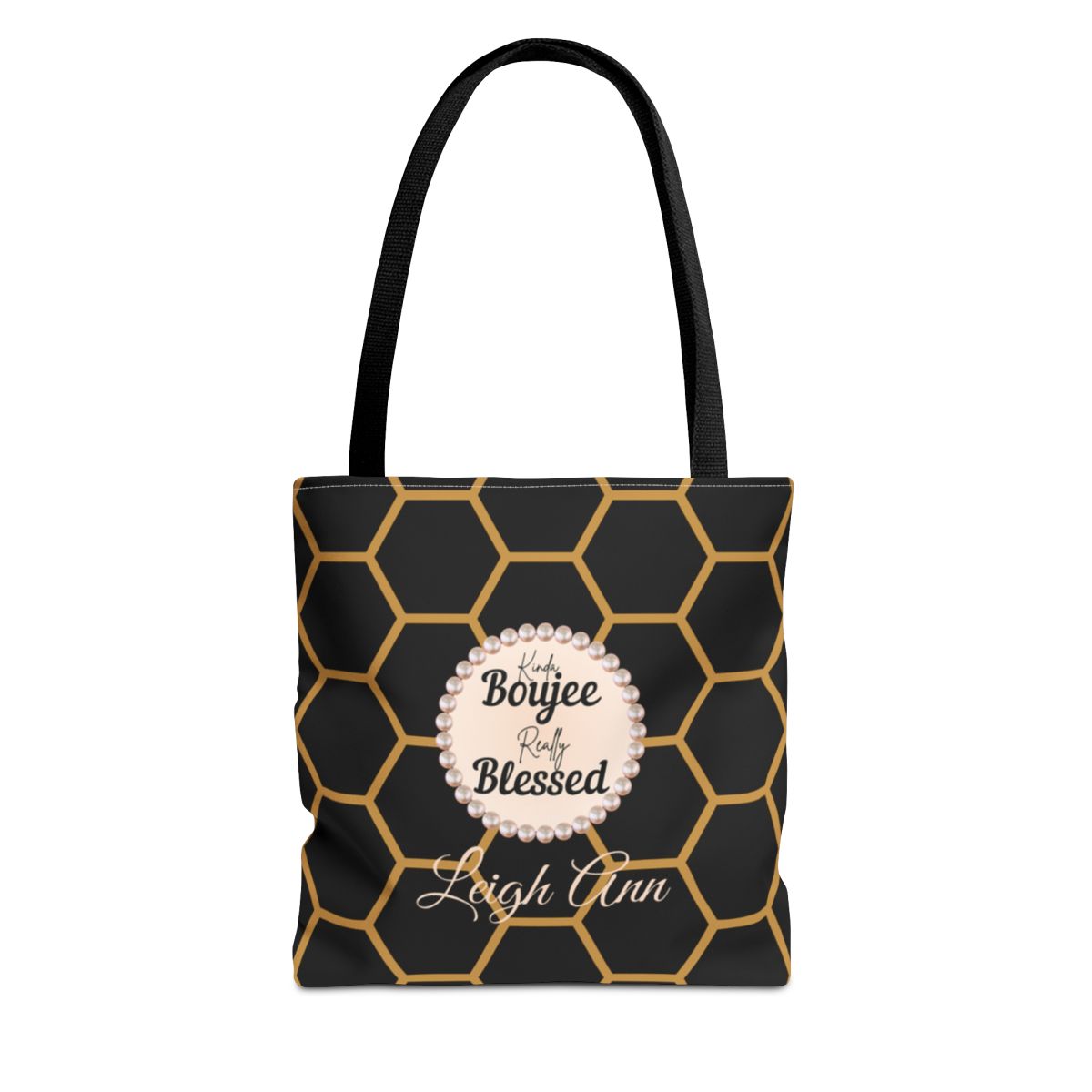 Personalized “Kinda Boujee, Really Blessed” Luxe Tote — Black, Peach Honeycomb & Golden Honeycomb