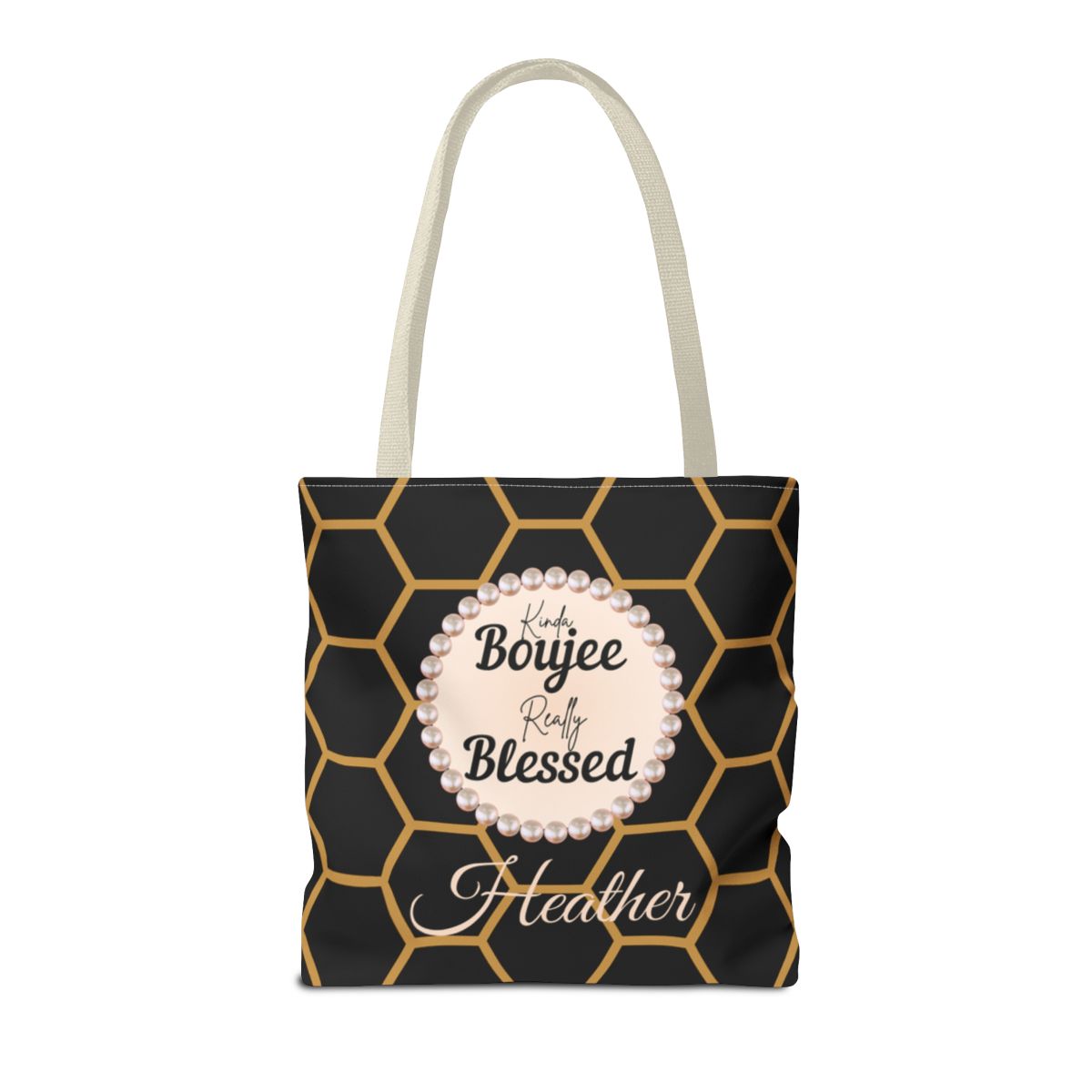 Personalized “Kinda Boujee, Really Blessed” Luxe Tote — Black, Peach Honeycomb & Golden Honeycomb