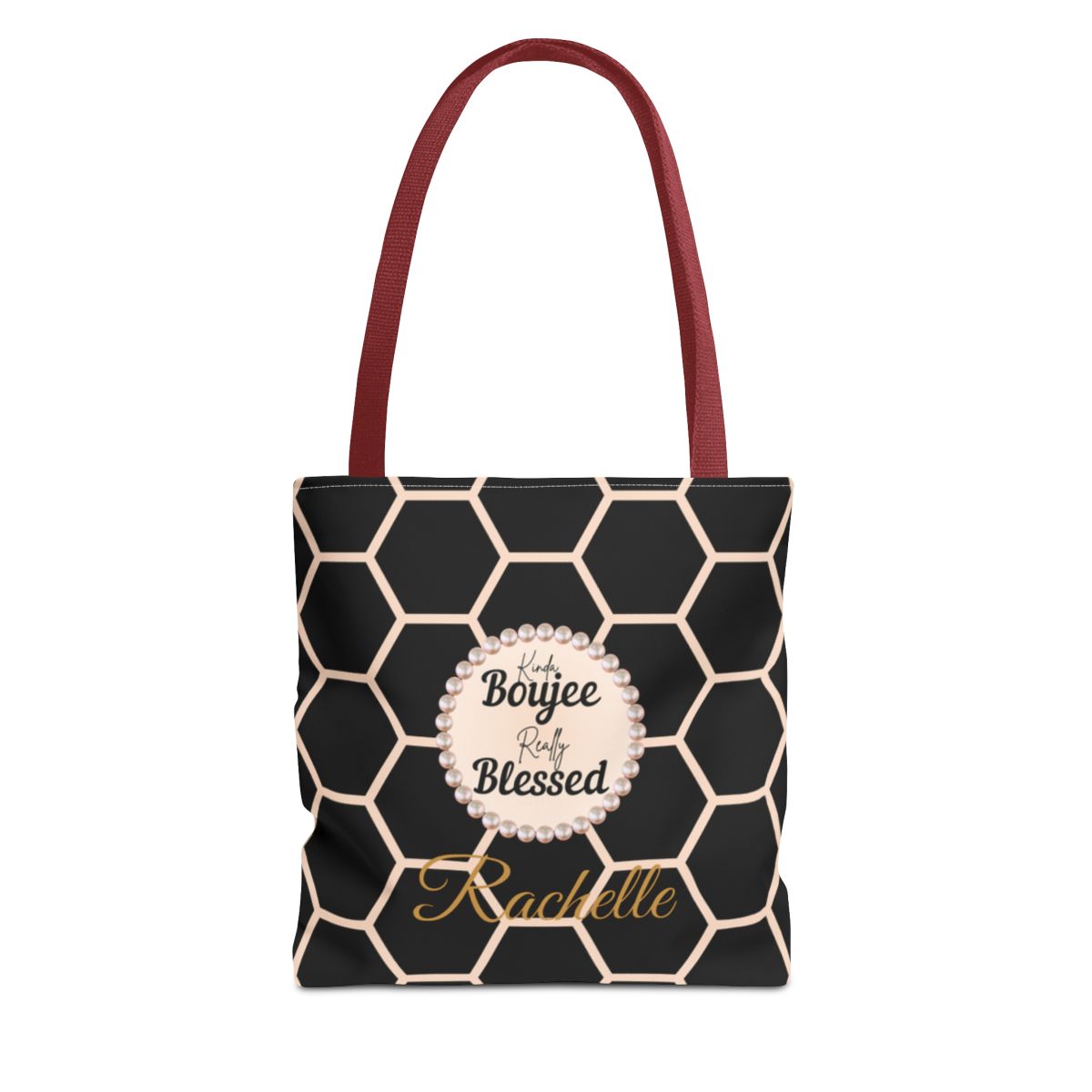 Personalized “Kinda Boujee, Really Blessed” Luxe Tote — Black, Peach Honeycomb & Golden Honeycomb