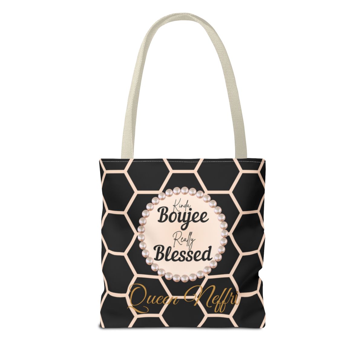 Personalized “Kinda Boujee, Really Blessed” Luxe Tote — Black, Peach Honeycomb & Golden Honeycomb
