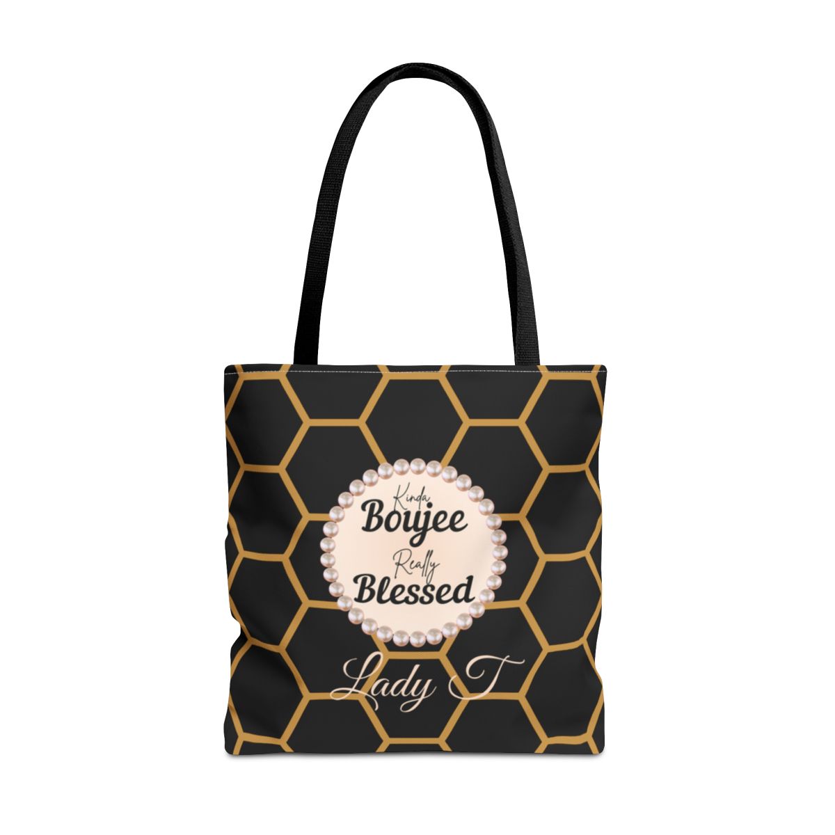 Personalized “Kinda Boujee, Really Blessed” Luxe Tote — Black, Peach Honeycomb & Golden Honeycomb