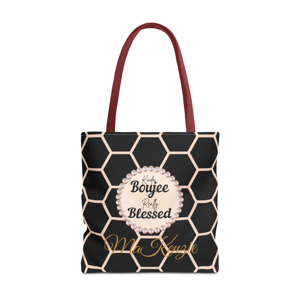 Personalized “Kinda Boujee, Really Blessed” Luxe Tote — Black, Peach Honeycomb & Golden Honeycomb