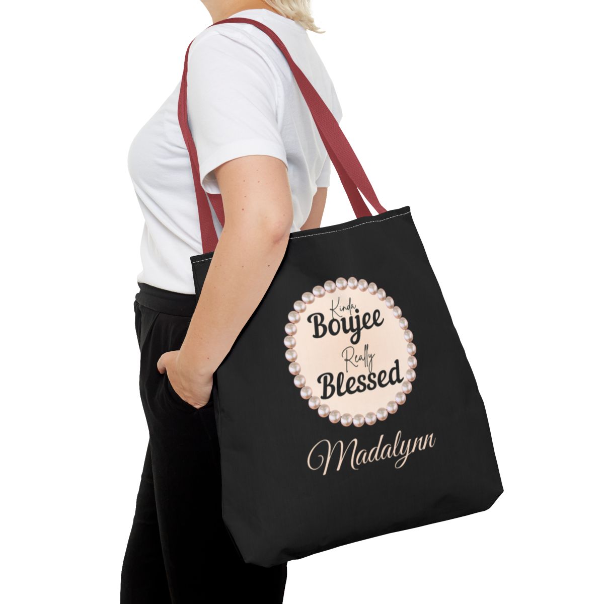 Personalized “Kinda Boujee, Really Blessed” Luxe Tote — Black, Peach Honeycomb & Golden Honeycomb