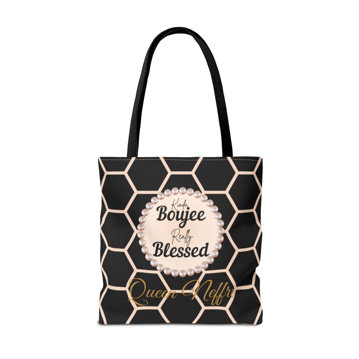 Personalized “Kinda Boujee, Really Blessed” Luxe Tote — Black, Peach Honeycomb & Golden Honeycomb