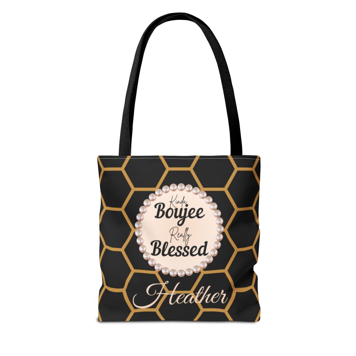 Personalized “Kinda Boujee, Really Blessed” Luxe Tote — Black, Peach Honeycomb & Golden Honeycomb