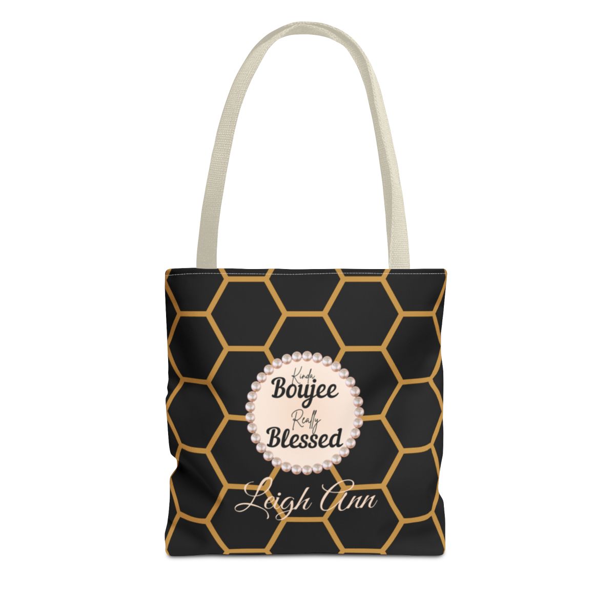 Personalized “Kinda Boujee, Really Blessed” Luxe Tote — Black, Peach Honeycomb & Golden Honeycomb