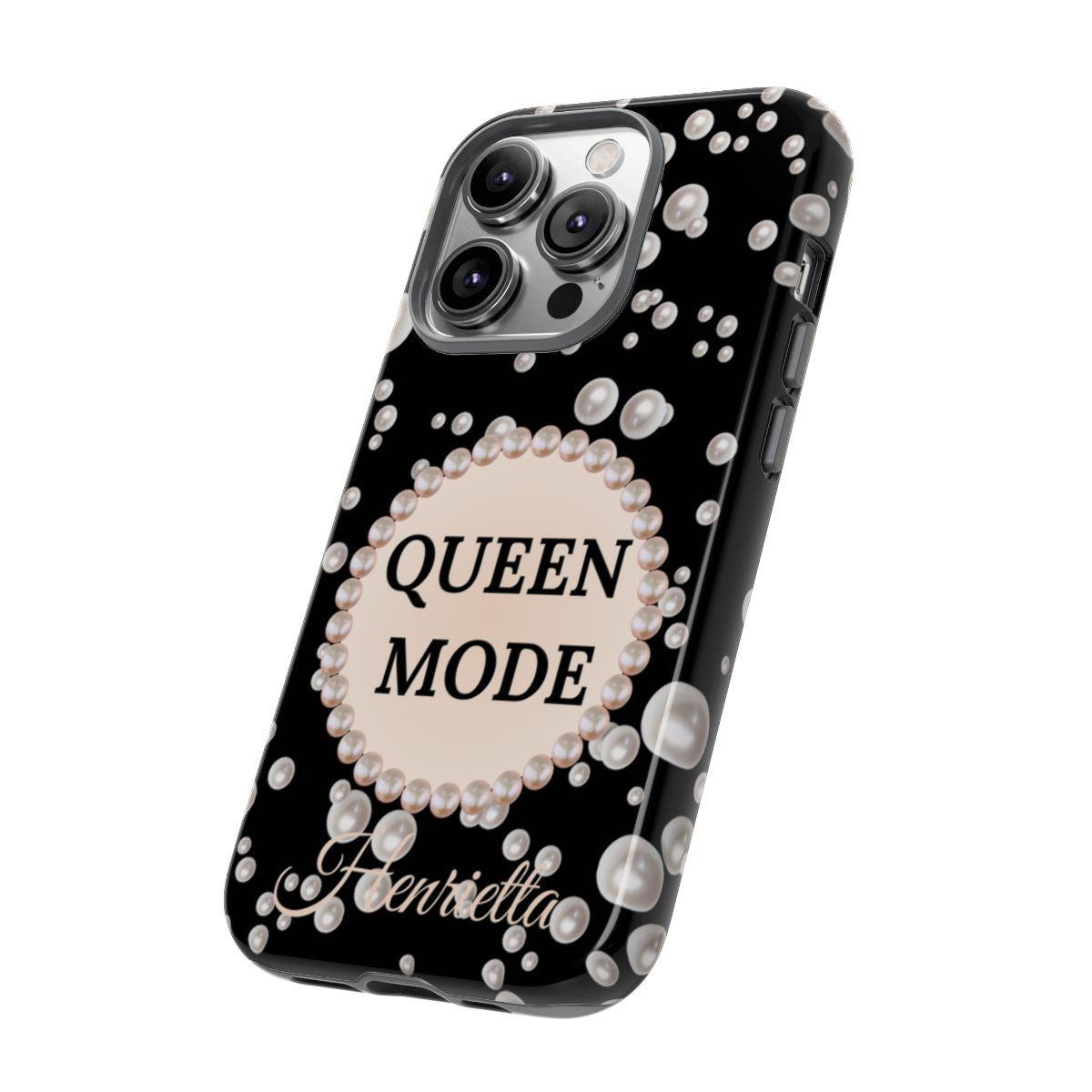 Personalized Queen Mode Themed Tough iPhone Cases 14/15/16 Plus/Pro/Pro Max (Black and Pearl Emblem)