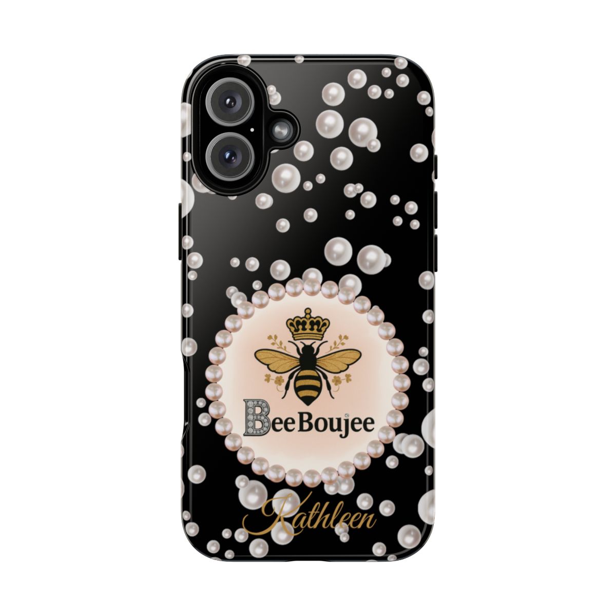 Personalized Bee Boujee Themed Tough iPhone Cases 14/15/16 Plus/Pro/Pro Max (Black and Pearl Emblem)