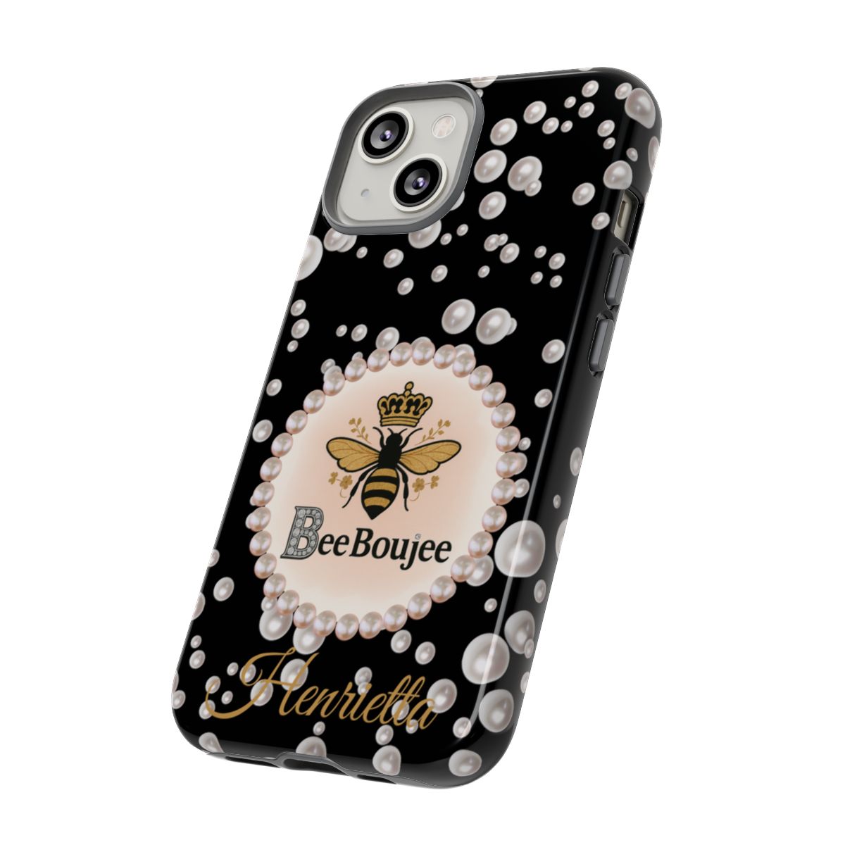 Personalized Bee Boujee Themed Tough iPhone Cases 14/15/16 Plus/Pro/Pro Max (Black and Pearl Emblem)