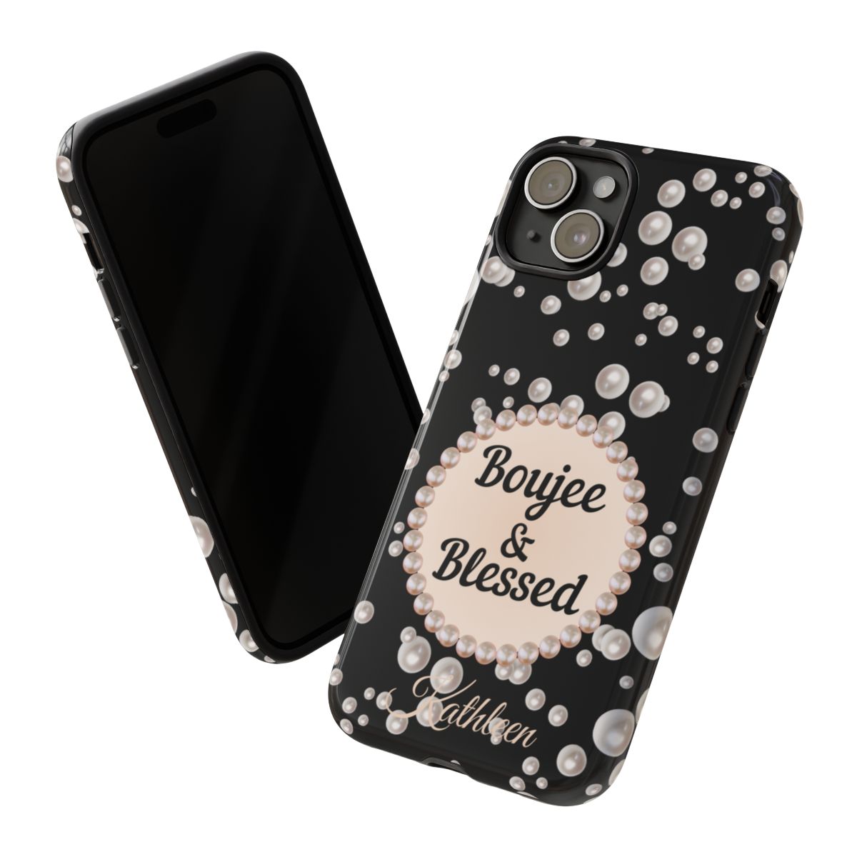 Personalized Boujee & Blessed Themed Tough iPhone Cases 14/15/16 Plus/Pro/Pro Max (Black and Pearl Emblem)