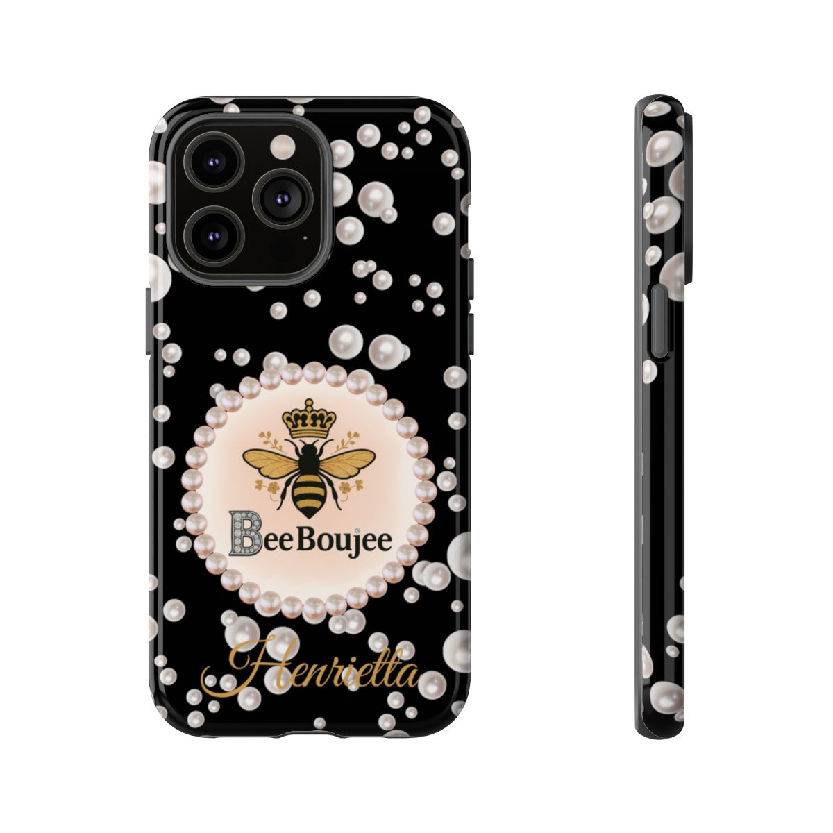 Personalized Bee Boujee Themed Tough iPhone Cases 14/15/16 Plus/Pro/Pro Max (Black and Pearl Emblem)