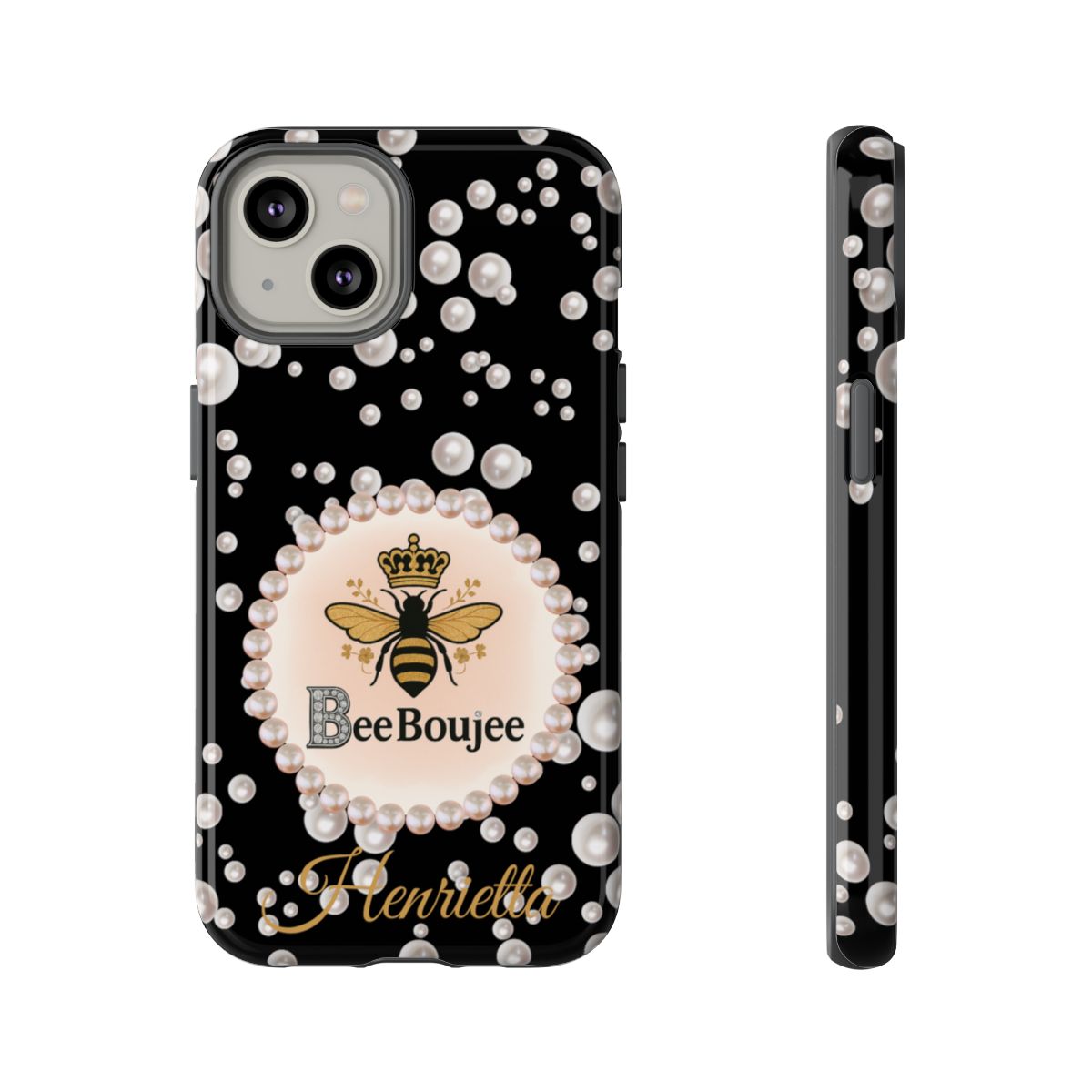 Personalized Bee Boujee Themed Tough iPhone Cases 14/15/16 Plus/Pro/Pro Max (Black and Pearl Emblem)