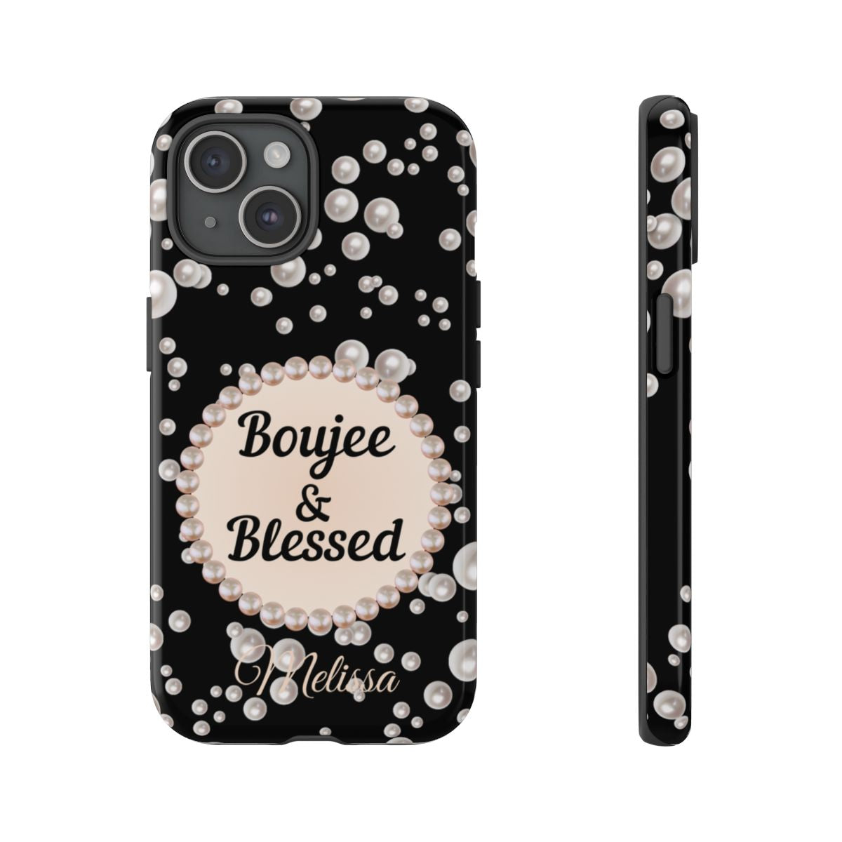Personalized Boujee & Blessed Themed Tough iPhone Cases 14/15/16 Plus/Pro/Pro Max (Black and Pearl Emblem)
