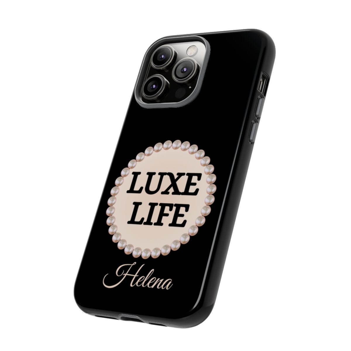 Personalized Luxe Life Themed Tough iPhone Cases 14/15/16 Plus/Pro/Pro Max (Black and Pearl Emblem)