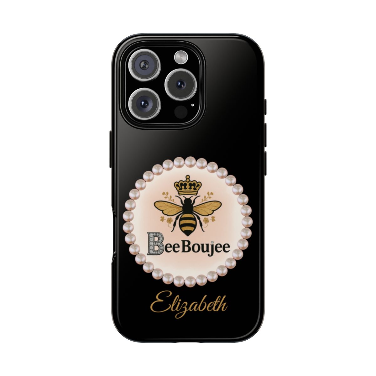 Personalized Bee Boujee Themed Tough iPhone Cases 14/15/16 Plus/Pro/Pro Max (Black and Pearl Emblem)